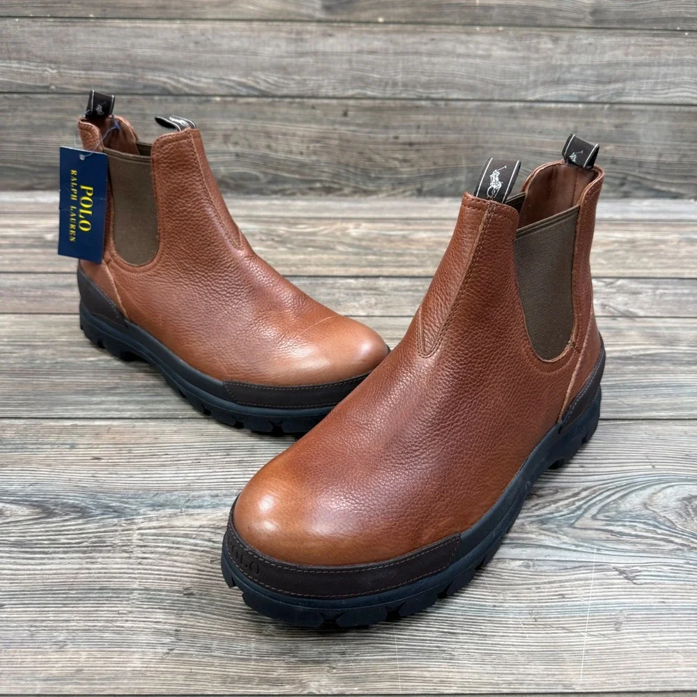 Polo Ralph Lauren Mens Size 13 Oslo Chelsea Boots Brown Leather Lug Sole New - Picture 2 of 8